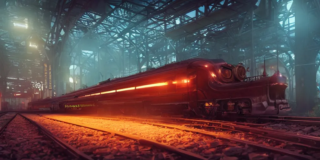 Image similar to futuristic steampunk train in railstation, stunning volumetric lighting, sundown, trending on Artstation, 8k, photorealistic, hyper detailed, unreal engine 5, cinematic, epic lighting, cryengine, octane render, cyberpunk, red and orange glow