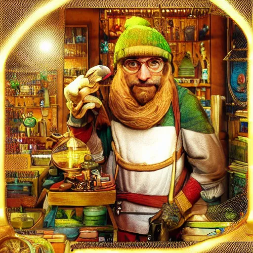 Image similar to Anthropomorphized parrot trader in his shop, selling his wares, portrait, items, gold, magic potions, carpet, window, sly expression , cunning expression, cute expression, long thick shiny gold beak, presenting wares, holding a gold bag, D&D, fantasy, cinematic lighting, highly detailed, digital painting, artstation, concept art, smooth, sharp focus, illustration, warm light, cozy warm tint, magic the gathering artwork, volumetric lighting, 8k, art by Akihiko Yoshida, Greg Rutkowski