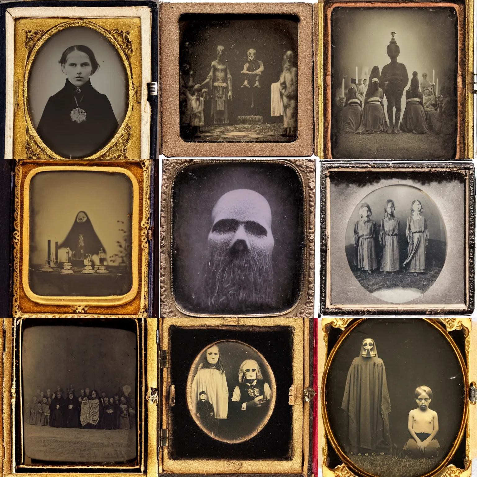 Prompt: daguerreotype depicting an occult ceremony, creepy entity face, eerie