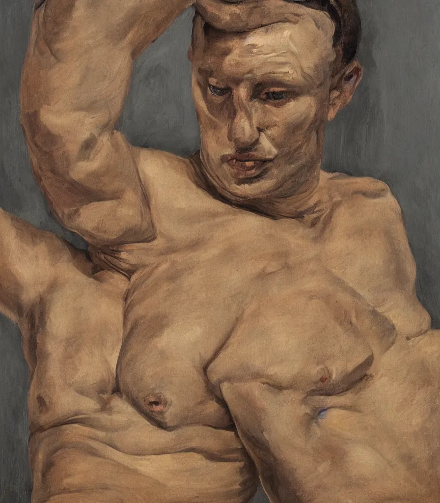 Prompt: portrait of a young man without shirt in the style of lucian freud. his face has many wrinkles, cuts and character. he is looking down. oil painting, thick brush strokes. shadows. clean gray brown background. lit by a single light from above his head. perspective from below. 5 0 mm