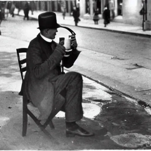Image similar to 1 9 2 0 s photo of bender drinking beer on the street during prohibition, hd, vintage
