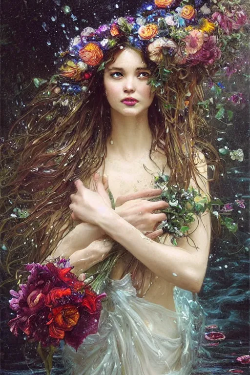 Image similar to portrait of a beautiful mysterious drenched woman holding a bouquet of flowing flowers, drenched clothing, wet dripping long hair, hands hidden under the bouquet, emerging from the water, fantasy, regal, intricate, by stanley artgerm lau, greg rutkowski, thomas kindkade, alphonse mucha, loish, norman rockwell