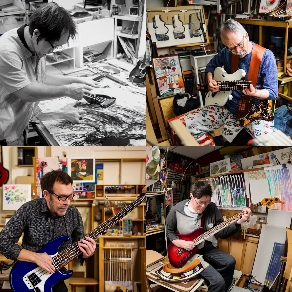 Prompt: David Bull playing bass guitar in his Japanese print making shop in Tokyo, 4k, DSLR photo