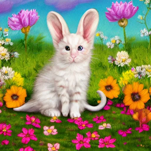 Image similar to cute fluffy hybrid animal cross between mouse, kitten, and lop eared bunny rabbit sitting on a flowery landscape detailed painting 4 k