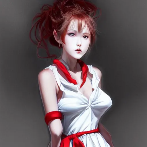 Image similar to the beautiful white frilled red dress girl standing in the hyper big and tall tower, looking at the camera, digital painting, in the style of artgerm, created by Hiroaki Samura, high definition digital art, high quality, highly detailed 8K
