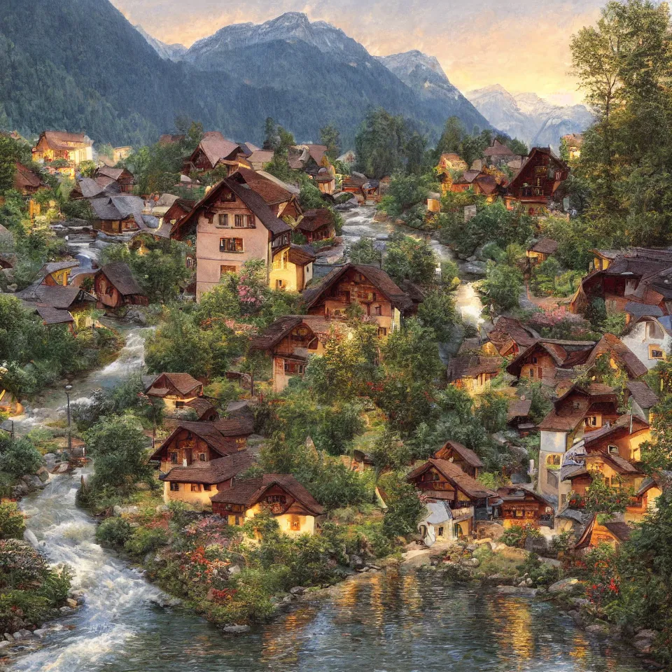 Prompt: high - quality realist painting of a river crossing a traditional bavarian village in a valley in the alps at dawn, peaceful, very detailed, digital art.