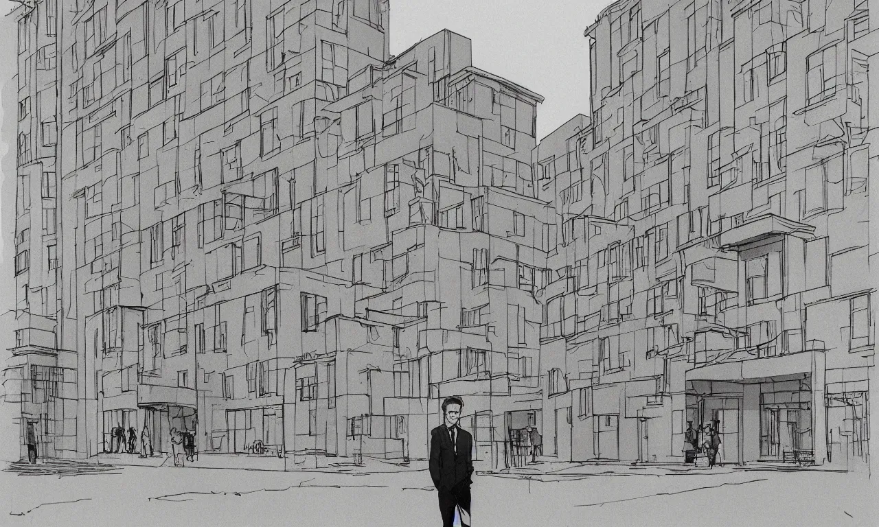 Prompt: Aidan Gille standing in front of a hig school building, looking at it, art by Adrian Tomine, award-winning masterpiece, trending on ArtStation