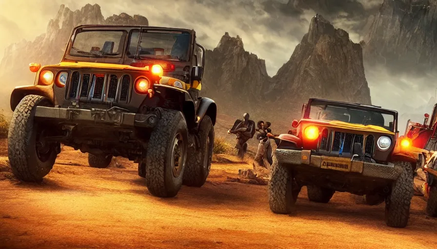 Image similar to mahindra thar, tribe members attacking, action scene, an epic fantasy, dramatic lighting, cinematic, establishing shot, extremely high detail, photorealistic, cinematic lighting, artstation, by christopher nolan, asphalt 9