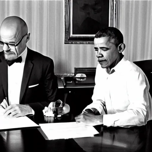 Image similar to Walter White and Barack Obama signing an agreement, 1967 photo