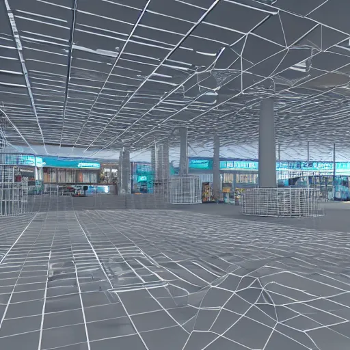 Image similar to a professional 3 d wireframe of a shopping mall, 8 k, unreal engine, octane render