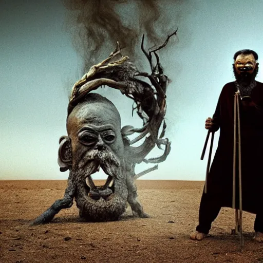 Image similar to full body shot of old asian man with long beard, his head covered in roots, full face occult silver mask, glowing eyes, holding a large carved wooden fractal stick, thick smoke around him, in the burning soil desert, cinematic shot, wide angle, desert background, volumetric lighting by Denis Villeneuve, Lubezki, Gaspar Noe, Christopher Doyle and Alejandro Jodorowsky, anamorphic lens, anamorphic lens flares, kodakchrome, cinematic composition, practical effects, award winning photo, 8k