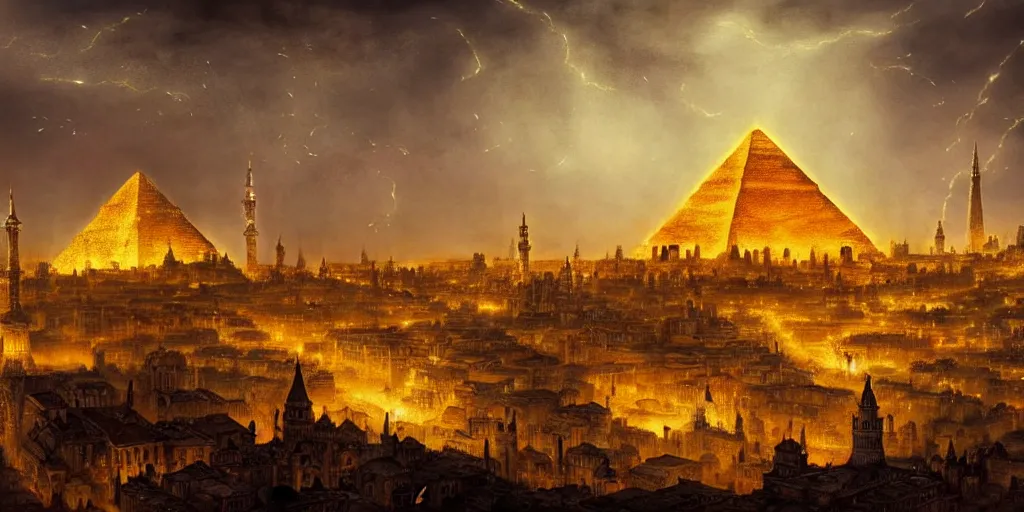 Image similar to magical city of the great tartarian empire adorned with amazing lost technology, lighting resembling fireflies, spires from rooftops collecting and distributing etheric energy, the centerpiece of the city is a colossal ancient pyramid made of metal, cityscape, combining intense detail & utmost quality, late 1 8 0 0 s photography christian hecker, artstation, - h 8 3 2