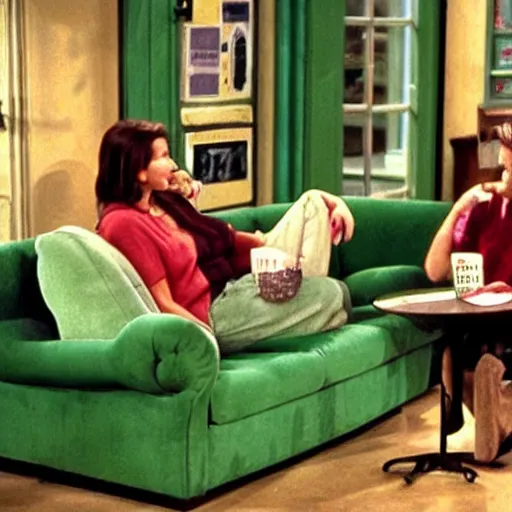 Prompt: still image from friends season 3 coffee shop green couch small cosy new york, by dr. suess