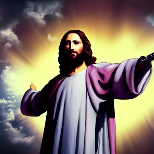 Image similar to jesus christ holding 2 guns