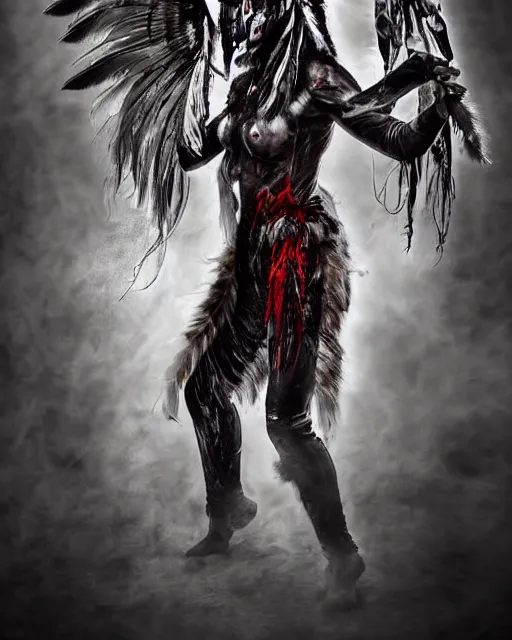 Image similar to wolf - human hybrid mutant ghost - spirit of the grim - warpaint wears the scarlet skull armor and native blood headdress feathers, midnight fog - mist!, dark oil painting colors, realism, cinematic lighting, various refining methods, micro macro autofocus, ultra definition, award winning photo, photograph by ghostwave - gammell - giger - shadowlord