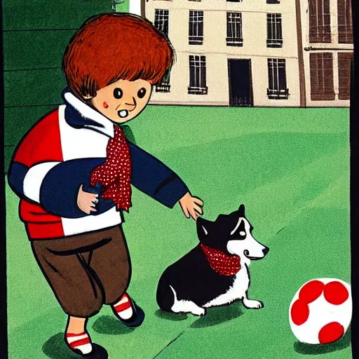 Image similar to book illustration of a french boy on the streets of paris playing football against a corgi, the dog is wearing a polka dot scarf, 1 9 6 6