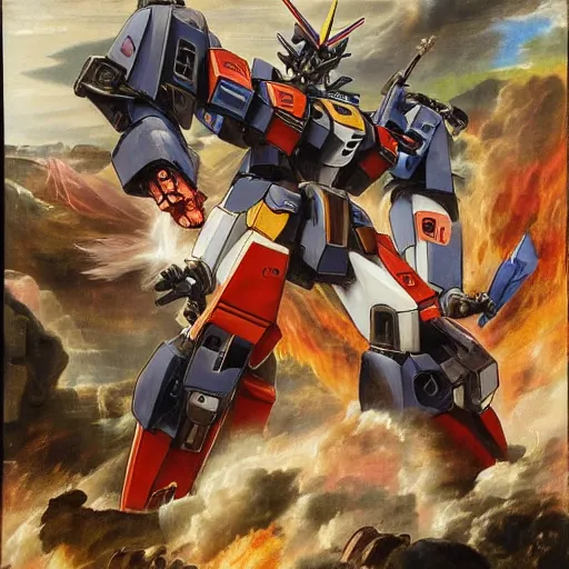 Image similar to peter paul rubens as consequences of wars with mecha gundam, random content position, ultra realistic human face details with emotion, ultra realistic environment content details, incrinate content details, delete duplicate contents, rgb color