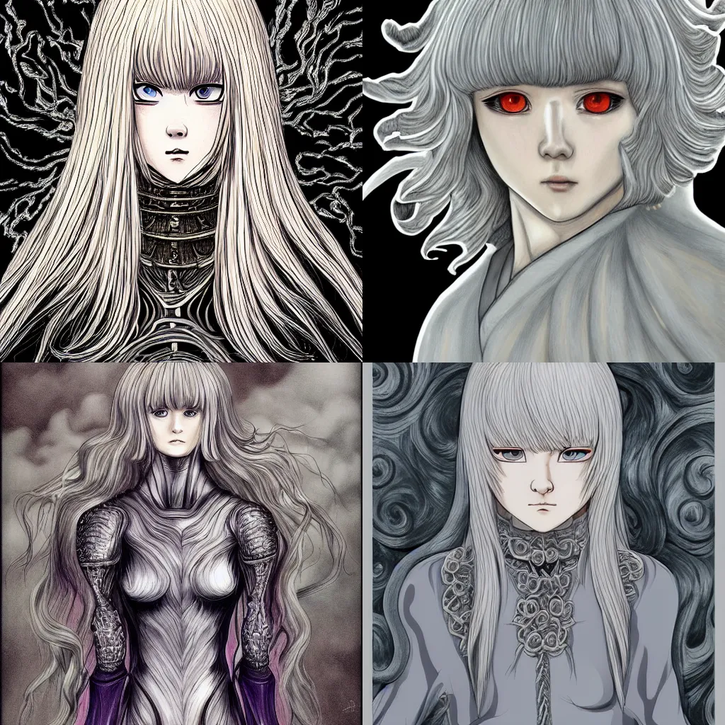 Prompt: griffith, anime, highly detailed, digital art, centered, portrait, colored accurately, in the style of junji ito