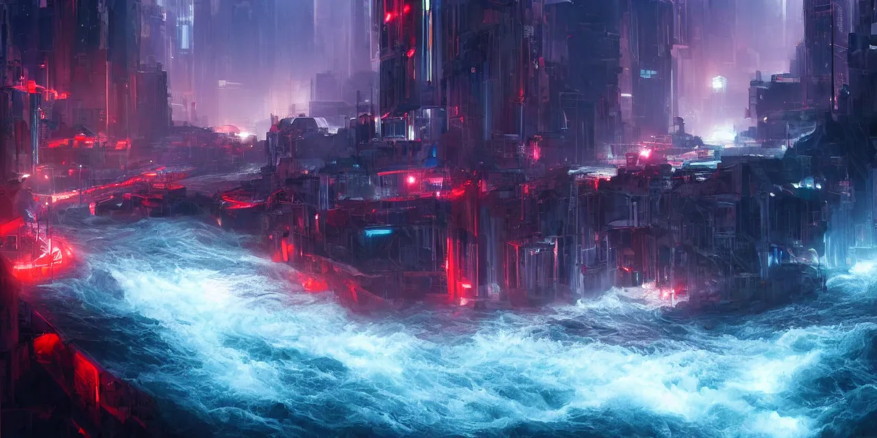 Prompt: turbulent river rapids rushing through a futuristic city at night , volumetric lighting, blue and red glowing lights, 4k, octane, digital painting, artstation, concept art, sharp focus, illustration, high contrast, high saturation , cinematic film still, by artgerm and greg rutkowski