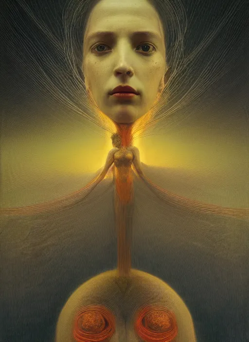 Image similar to Woman masterpiece, beautiful eyes, yellow, golden halo behind her head, red wires wrap around, by Edgar Maxence and Ross Tran, Zdzisław Beksiński, and Michael Whelan, distant, gustav dore, H.R. Giger, 8k, octane render