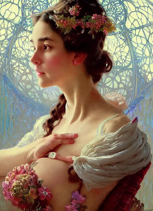 Image similar to portrait of a beautiful woman wearing a ball room gown, beautiful symmetrical face, fantasy, regal, by stanley artgerm lau, greg rutkowski, thomas kindkade, alphonse mucha, loish, norman rockwell.