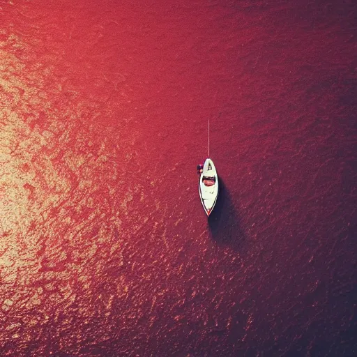 Image similar to a lonely boat floating in the turbulent red ocean, tsunami, fierce huge waves, dangerous depressing atmosphere, dark tone, illustration, aerial view, evil, artstation, octane render