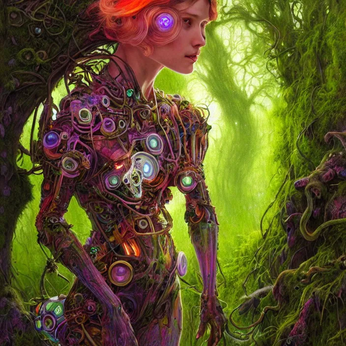 Image similar to bright psychedelic portrait of organic cyborg covered in moss in an ancient forest, diffuse lighting, fantasy, intricate, elegant, highly detailed, lifelike, photorealistic, digital painting, artstation, illustration, concept art, smooth, sharp focus, art by John Collier and Albert Aublet and Krenz Cushart and Artem Demura and Alphonse Mucha