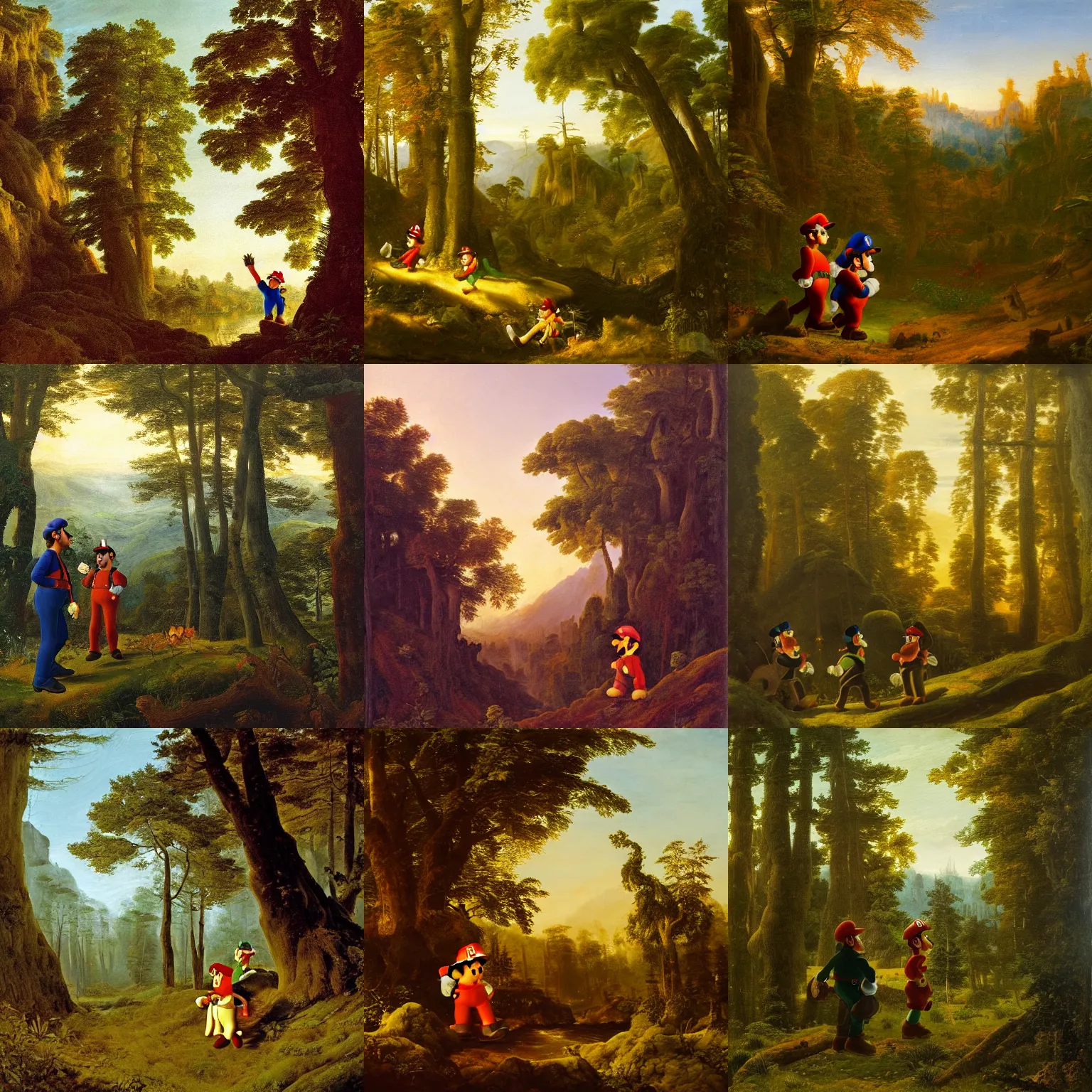 Prompt: detailed oil painting of mario and luigi in a deep forest landscape by caspar david friedrich and claude lorrain, perfect lighting, golden hour, taken with canon 5 d mk 4