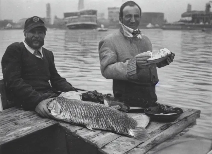 Image similar to man with fish and bread, 4 1 9 eater, amateur photograph