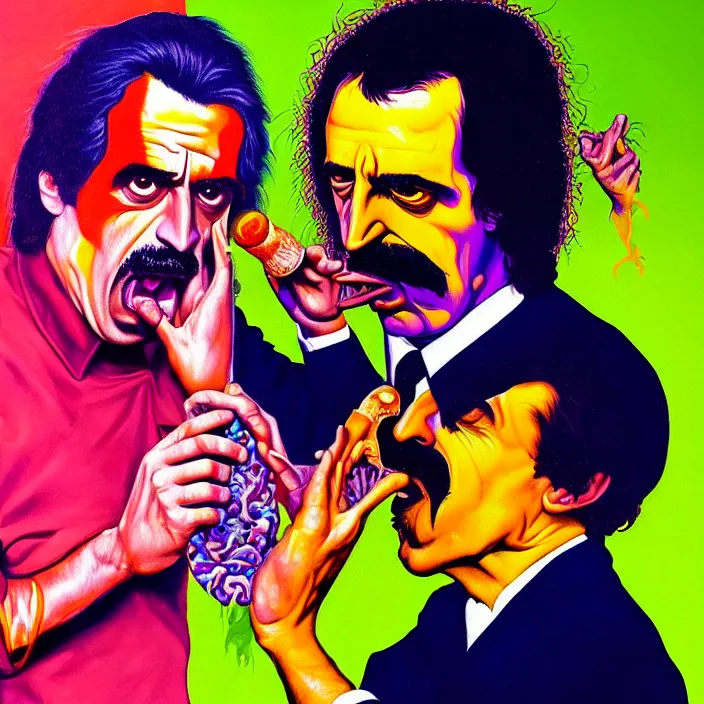 Image similar to bright psychedelic mike patton eating frank zappa who is puking hitler, puke, rotten, screaming, diffuse lighting, fantasy, intricate, elegant, highly detailed, lifelike, photorealistic, digital painting, artstation, illustration, concept art, smooth, sharp focus, art by francis bacon