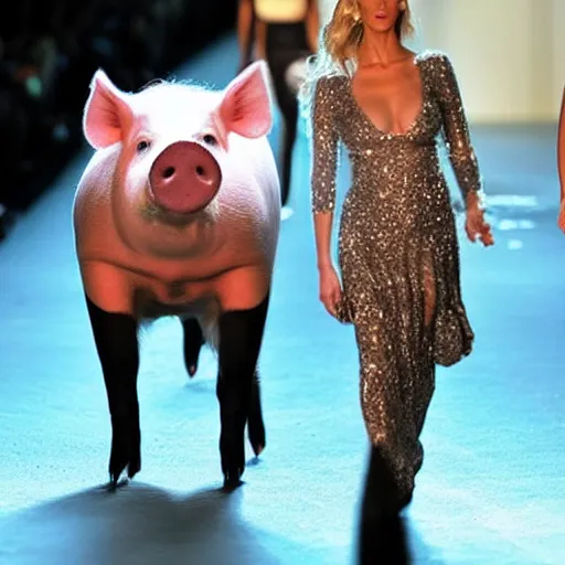 Prompt: a pig walks the runway with supermodels at a high fashion show