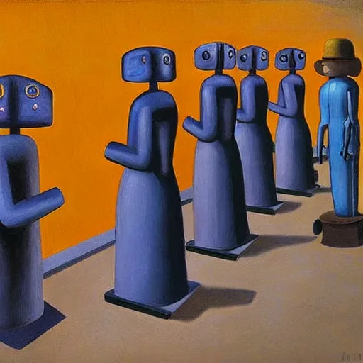 Image similar to robots queue up for daily inspection, grant wood, pj crook, edward hopper, oil on canvas