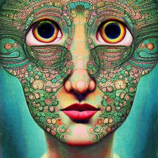 Image similar to a beautiful print a large eye that is looking directly at the viewer. the eye is composed of a myriad of colors and patterns, and it is surrounded by smaller eyes. the smaller eyes appear to be in a state of hypnosis, and they are looking in different directions. by carl spitzweg, by catrin welz - stein rigorous