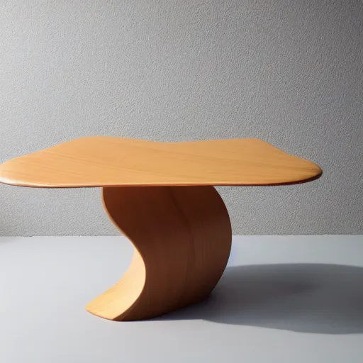 Image similar to futuristic wood table with surreal legs by frank gehry, brutalist style, product shot