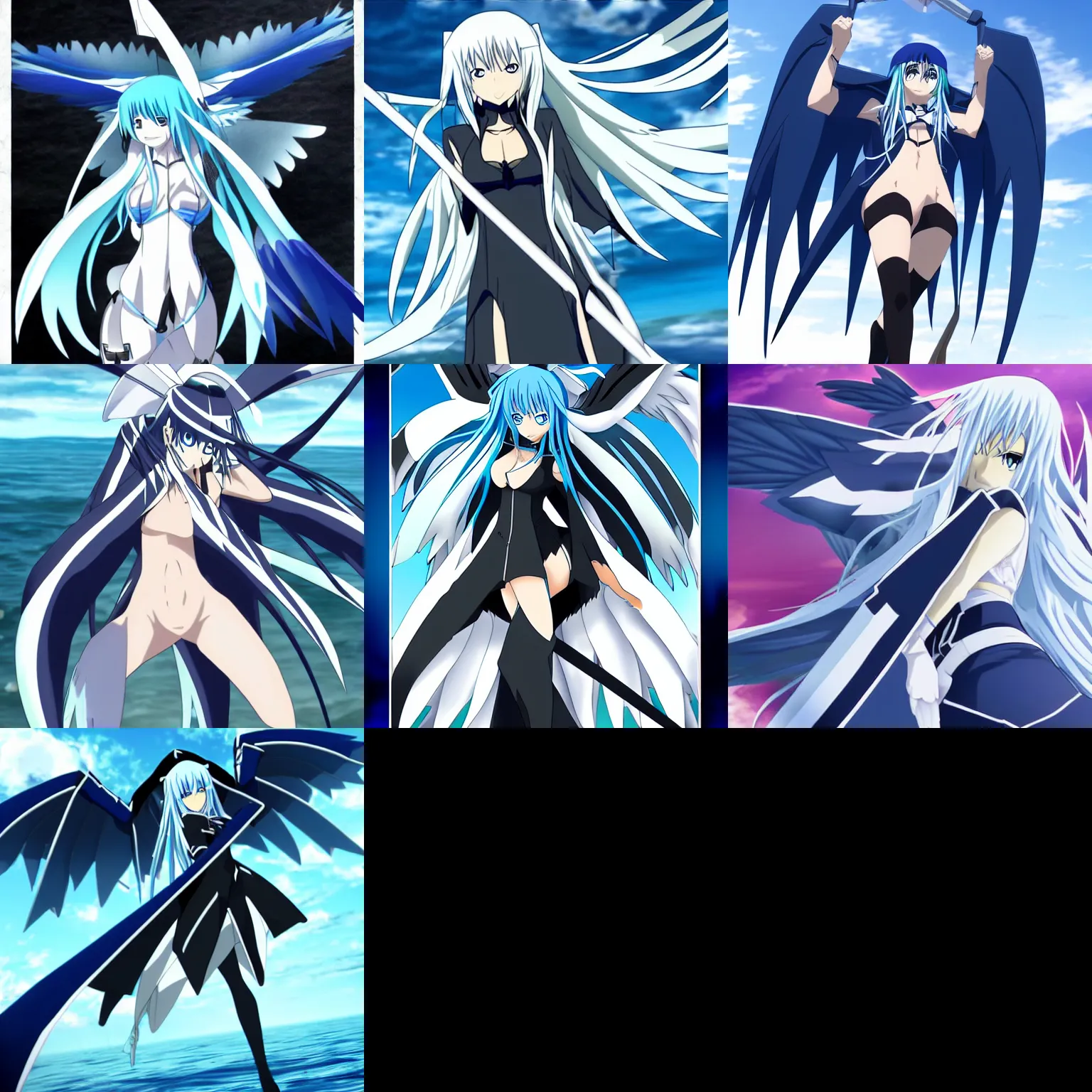Prompt: esdeath from akame ga kill with seraphim wings flying over an ocean