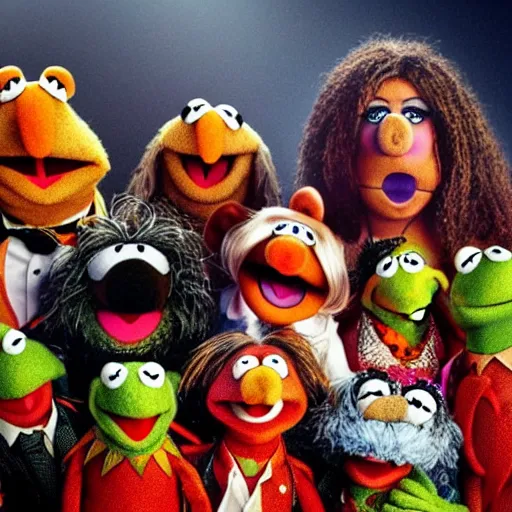 Image similar to the muppets in a satanic heavy metal band, 4k, high detail, high-resolution photograph, professional photography, ultra-detail