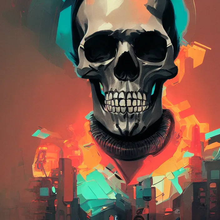 Image similar to a colorful comic noir illustration painting of a cyberpunk skull by sachin teng and sergey kolesov and sam yang and heng z. hyper detailed. octane render. trending on artstation