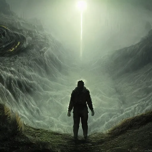 Prompt: huge valley, creepy valley, extreme drama, distant glow, hdr, movie still, fully photorealistic, artstation, beautiful concept art, sharp luminescent focus, nd 6, sony fx 6, glowing luminescent invocations