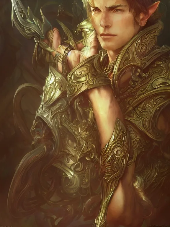 Image similar to male world of warcraft elven druid, fantasy, man, intricate, elegant, highly detailed, digital painting, artstation, concept art, wallpaper, smooth, sharp focus, illustration, art by artgerm and greg rutkowski and alphonse mucha