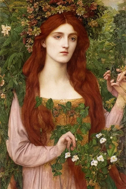 Image similar to a pre-raphaelite portrait of a woman in a mythical dress with floral decoration