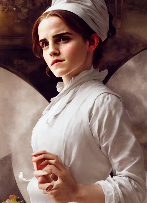 Image similar to portrait emma watson as maid in the kitchen, full length shot, shining, 8k highly detailed, sharp focus, illustration, art by artgerm, mucha, bouguereau