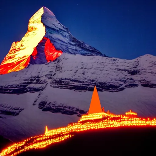 Image similar to a photo at nighttime of llumination of the matterhorn in the colors of indian flag, projected illuminated on the matterhorn mountain at night