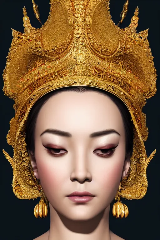 Image similar to a beautiful empress portrait, with a brilliant, impossible striking shiny big gold headpiece, gold clothes, rococo, baroque, jewels, asian, realistic, closeup, D&D, fantasy, intricate, elegant, highly detailed, digital painting, artstation, octane render, studio lighting, 8k, concept art, matte, sharp focus, illustration, art by Gustav Klimt, Artgerm and Greg Rutkowski and Alphonse Mucha