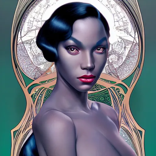 Image similar to an art nouveau, ( streamline moderne ), multi - racial portrait in the style of anna dittmann and donato giancola and chanthara. very large, clear, expressive, and intelligent eyes. centered, ultrasharp focus, dramatic lighting, photorealistic digital matte painting, intricate symmetrical ultra detailed background.