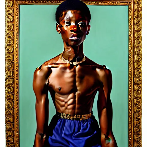 Image similar to A portrait of a scrawny stylish and beautiful non-binary person, oil painting by Kehinde Wiley, majestic, detailed, high resolution