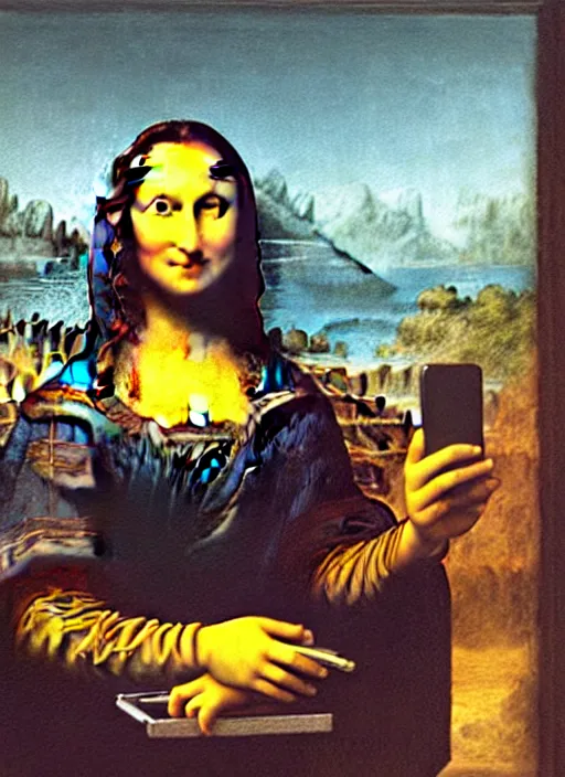 Prompt: oil painting of Mona Lisa by Leonardo Da Vinci but Mona Lisa is using an iPhone to take a selfie, selfie pose