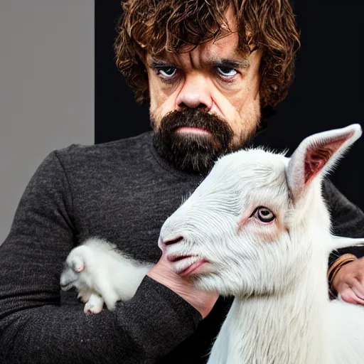 Prompt: peter dinklage holding a baby goat, ( sony a 7 r iv, symmetric balance, polarizing filter, photolab, lightroom, 4 k, dolby vision, photography awardm, voque, perfect face )