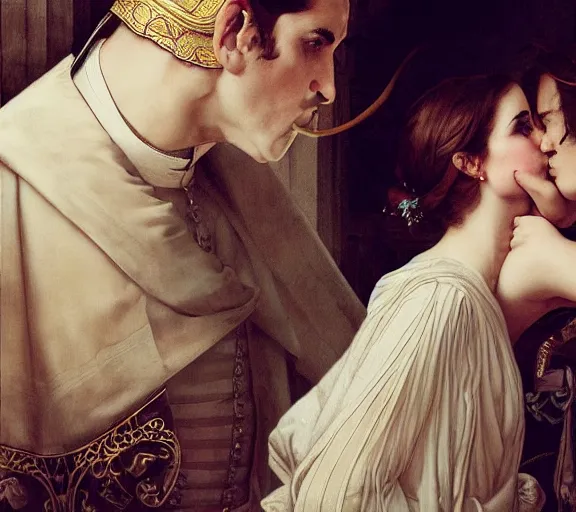 Image similar to photography of a pope kissing emma watson, she has hands - up and hairy armpits, deep focus, intricate, elegant, highly detailed, digital painting, artstation, concept art, matte, sharp focus, illustration, art by artgerm and greg rutkowski and alphonse mucha and gil elvgren