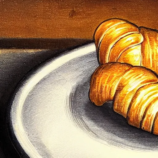 Prompt: a close - up of a macbook laptop on a candle - lit table. a coffee mug and a croissant in a plate. painting in the style of rembrandt