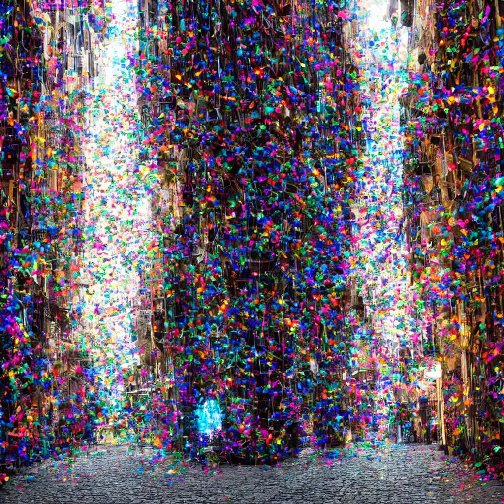 Prompt: a few thin streams of microscopic multi-colored glitter twist and twirl in a light breeze above the narrow streets of a cyberpunk city